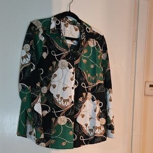 Chico's Green Black White Chain & Floral Print Blouse